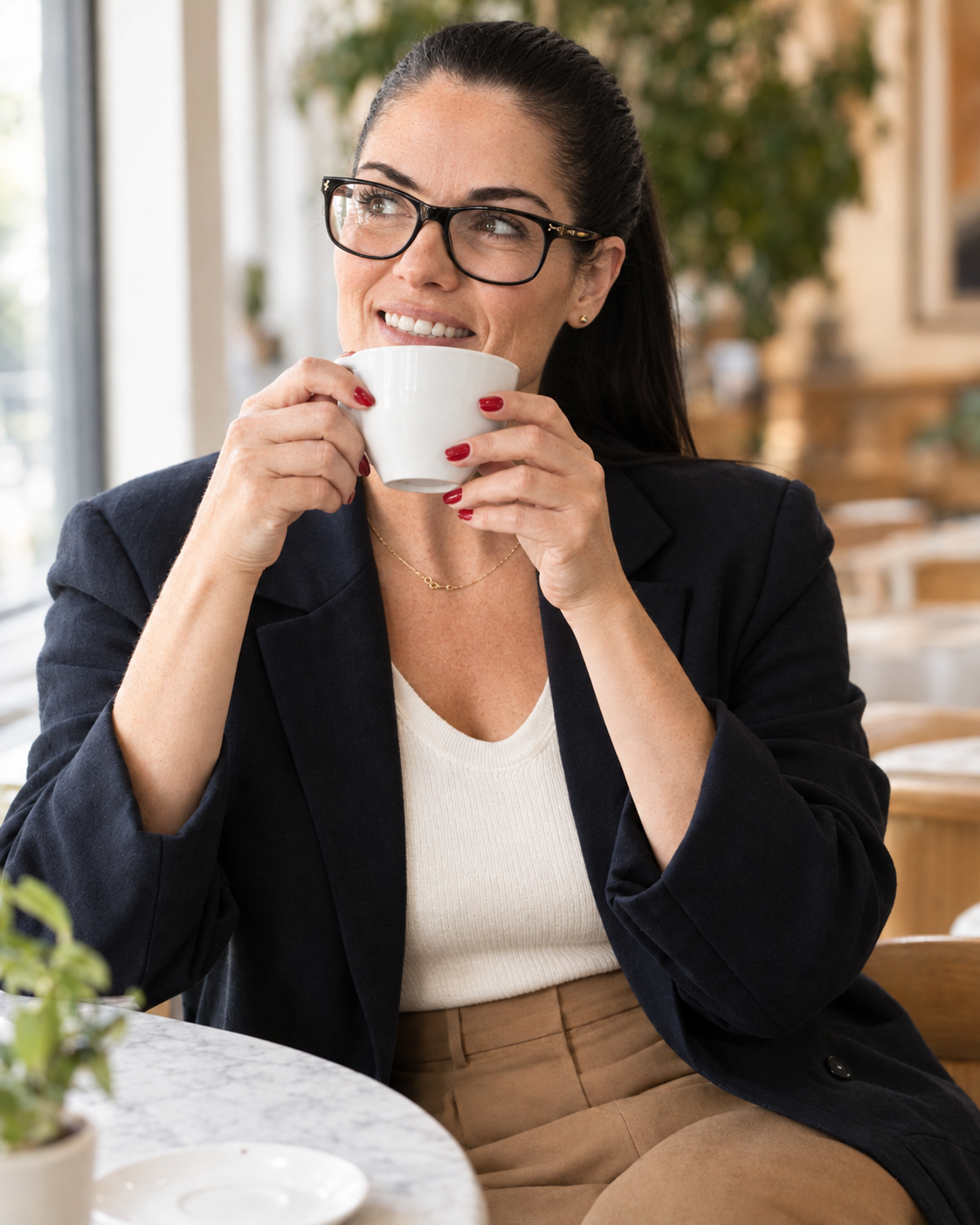 Judi Hampshire, Digital OBM, smiling over a cup of coffee in a sunlit café.