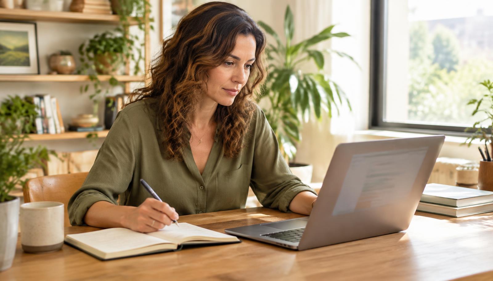 A founder writing a job brief at her laptop